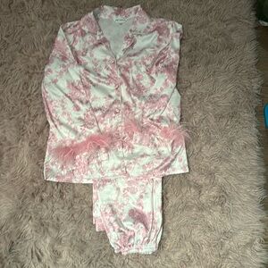 Bon Vivann silky pajama set with feathers (long pants and button down shirt)